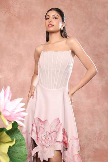 Ozeqo_Pink Neoprene Off-shoulder Hue Corset Printed High Low Dress _Online_at_Aza_Fashions