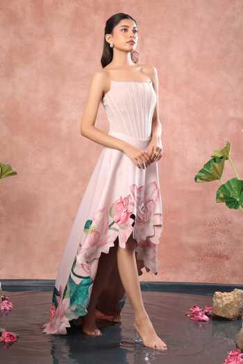 Shop_Ozeqo_Pink Neoprene Off-shoulder Hue Corset Printed High Low Dress _Online_at_Aza_Fashions