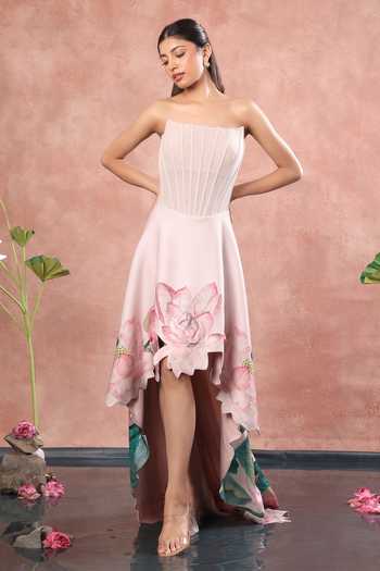Ozeqo_Pink Neoprene Off-shoulder Hue Corset Printed High Low Dress _at_Aza_Fashions