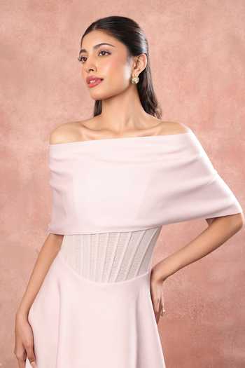 Ozeqo_Pink Neoprene, Lycra Off-shoulder Hue Corset Printed Dress With Draped Wrap _Online_at_Aza_Fashions