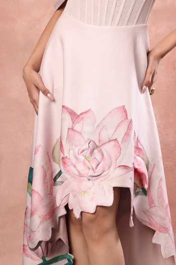 Buy_Ozeqo_Pink Neoprene, Lycra Off-shoulder Hue Corset Printed Dress With Draped Wrap _Online_at_Aza_Fashions