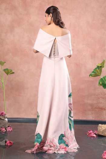 Shop_Ozeqo_Pink Neoprene, Lycra Off-shoulder Hue Corset Printed Dress With Draped Wrap _at_Aza_Fashions