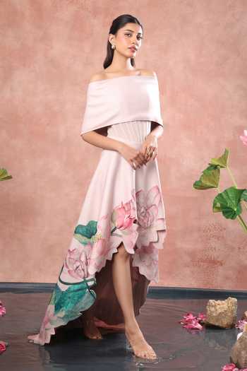 Shop_Ozeqo_Pink Neoprene, Lycra Off-shoulder Hue Corset Printed Dress With Draped Wrap _Online_at_Aza_Fashions
