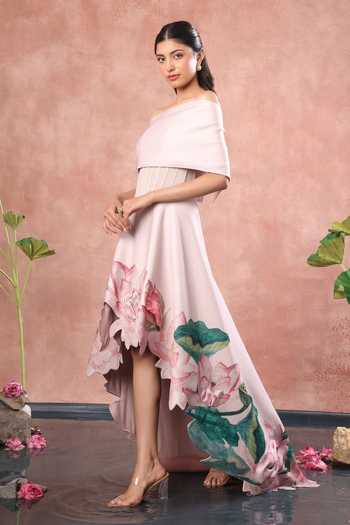 Ozeqo_Pink Neoprene, Lycra Off-shoulder Hue Corset Printed Dress With Draped Wrap _at_Aza_Fashions