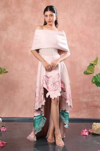 Buy_Ozeqo_Pink Neoprene, Lycra Off-shoulder Hue Corset Printed Dress With Draped Wrap _at_Aza_Fashions