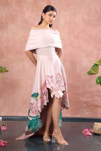 Buy_Ozeqo_Pink Neoprene, Lycra Off-shoulder Hue Corset Printed Dress With Draped Wrap 