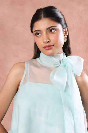 Ozeqo_Sky Blue Organza, Neoprene High Neck Inle Printed Dress With Overlay _Online_at_Aza_Fashions
