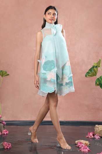 Buy_Ozeqo_Sky Blue Organza, Neoprene High Neck Inle Printed Dress With Overlay _Online_at_Aza_Fashions
