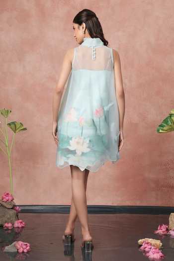Shop_Ozeqo_Sky Blue Organza, Neoprene High Neck Inle Printed Dress With Overlay _at_Aza_Fashions