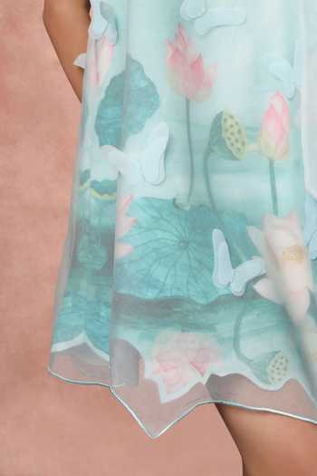 Ozeqo_Sky Blue Organza, Neoprene High Neck Inle Printed Dress With Overlay _at_Aza_Fashions