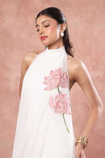 Ozeqo_White Net, Neoprene Embroidery Halter Kyoto Short Dress With Embellished Overlay _Online_at_Aza_Fashions