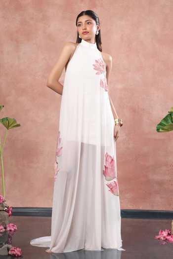 Shop_Ozeqo_White Net, Neoprene Embroidery Halter Kyoto Short Dress With Embellished Overlay _Online_at_Aza_Fashions