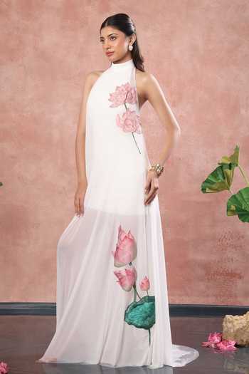Ozeqo_White Net, Neoprene Embroidery Halter Kyoto Short Dress With Embellished Overlay _at_Aza_Fashions