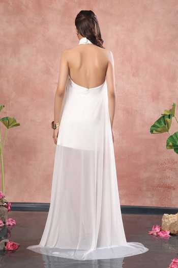 Shop_Ozeqo_White Net, Neoprene Embroidery Halter Kyoto Short Dress With Embellished Overlay _at_Aza_Fashions