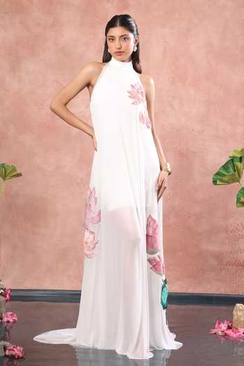 Buy_Ozeqo_White Net, Neoprene Embroidery Halter Kyoto Short Dress With Embellished Overlay 