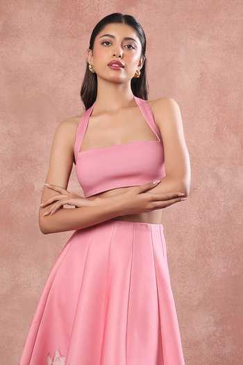 Ozeqo_Pink Neoprene Bandeau , Halter Mandalay Printed Skirt Set _Online_at_Aza_Fashions