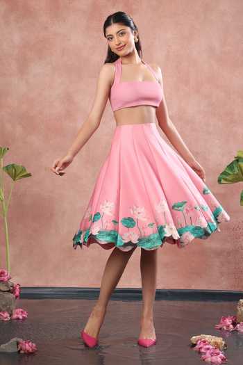 Buy_Ozeqo_Pink Neoprene Bandeau , Halter Mandalay Printed Skirt Set _Online_at_Aza_Fashions