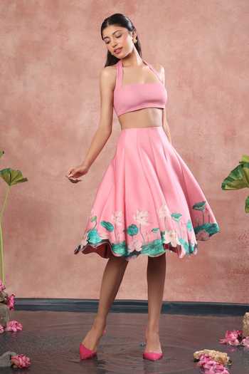 Shop_Ozeqo_Pink Neoprene Bandeau , Halter Mandalay Printed Skirt Set _Online_at_Aza_Fashions