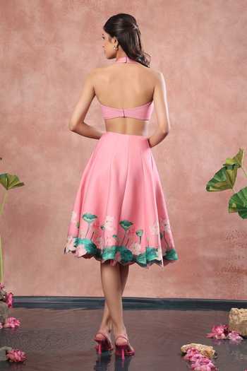 Shop_Ozeqo_Pink Neoprene Bandeau , Halter Mandalay Printed Skirt Set _at_Aza_Fashions