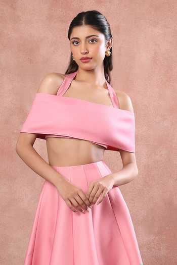 Ozeqo_Pink Neoprene, Lycra Square Neck Mandalay Printed Skirt Set With Draped Wrap _Online_at_Aza_Fashions