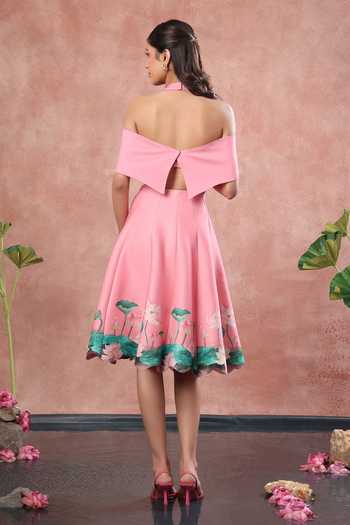 Shop_Ozeqo_Pink Neoprene, Lycra Square Neck Mandalay Printed Skirt Set With Draped Wrap _at_Aza_Fashions