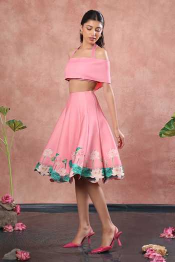 Buy_Ozeqo_Pink Neoprene, Lycra Square Neck Mandalay Printed Skirt Set With Draped Wrap _Online_at_Aza_Fashions