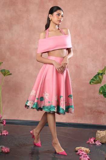 Shop_Ozeqo_Pink Neoprene, Lycra Square Neck Mandalay Printed Skirt Set With Draped Wrap _Online_at_Aza_Fashions