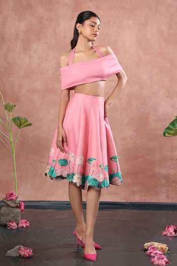 Ozeqo_Pink Neoprene, Lycra Square Neck Mandalay Printed Skirt Set With Draped Wrap _at_Aza_Fashions