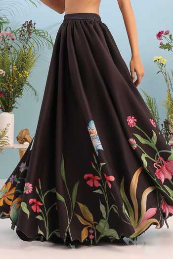 Ozeqo_Black Lycra, Neoprene Bandeau Neck Margaret Printed Skirt Set _Online_at_Aza_Fashions