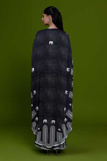 Shop_Kamaali Pret_Black Satin Round Neck Filza Printed Kaftan And Pant Set _at_Aza_Fashions