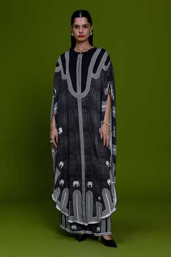 Buy_Kamaali Pret_Black Satin Round Neck Filza Printed Kaftan And Pant Set _at_Aza_Fashions