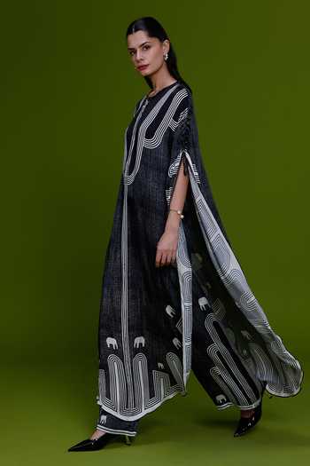 Kamaali Pret_Black Satin Round Neck Filza Printed Kaftan And Pant Set _Online_at_Aza_Fashions