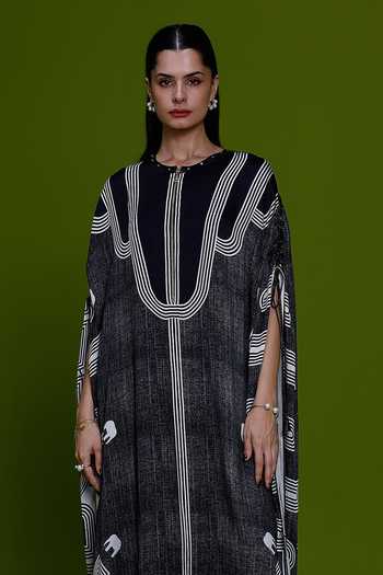 Buy_Kamaali Pret_Black Satin Round Neck Filza Printed Kaftan And Pant Set _Online_at_Aza_Fashions