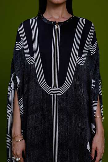 Shop_Kamaali Pret_Black Satin Round Neck Filza Printed Kaftan And Pant Set _Online_at_Aza_Fashions