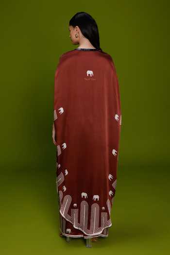 Shop_Kamaali Pret_Brown Satin Round Neck Amira Printed Kaftan And Pant Set _at_Aza_Fashions