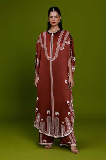 Buy_Kamaali Pret_Brown Satin Round Neck Amira Printed Kaftan And Pant Set _at_Aza_Fashions