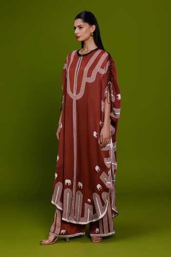 Kamaali Pret_Brown Satin Round Neck Amira Printed Kaftan And Pant Set _Online_at_Aza_Fashions