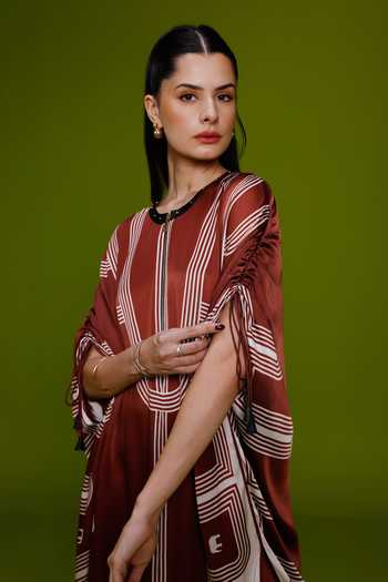 Buy_Kamaali Pret_Brown Satin Round Neck Amira Printed Kaftan And Pant Set _Online_at_Aza_Fashions