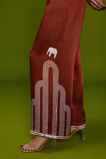 Shop_Kamaali Pret_Brown Satin Round Neck Amira Printed Kaftan And Pant Set _Online_at_Aza_Fashions