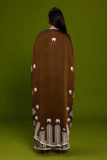 Shop_Kamaali Pret_Brown Satin Round Neck Ibah Printed Kurta And Pant Set _at_Aza_Fashions