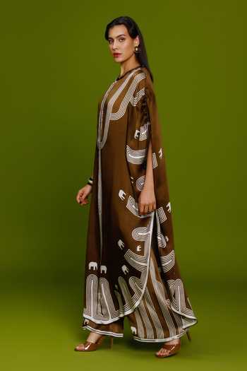 Kamaali Pret_Brown Satin Round Neck Ibah Printed Kurta And Pant Set _Online_at_Aza_Fashions