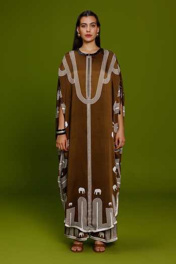 Buy_Kamaali Pret_Brown Satin Round Neck Ibah Printed Kurta And Pant Set _at_Aza_Fashions