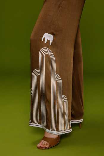 Buy_Kamaali Pret_Brown Satin Round Neck Ibah Printed Kurta And Pant Set _Online_at_Aza_Fashions