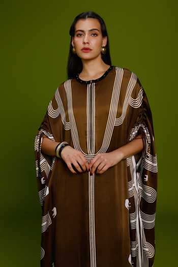 Shop_Kamaali Pret_Brown Satin Round Neck Ibah Printed Kurta And Pant Set _Online_at_Aza_Fashions