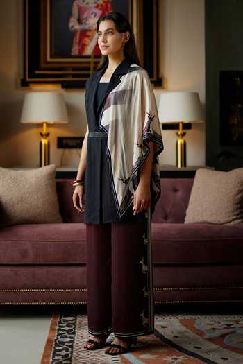 Shop_Kamaali Pret_Multicolor Satin Collared Neck Rusa Printed Top And Pant Set _at_Aza_Fashions