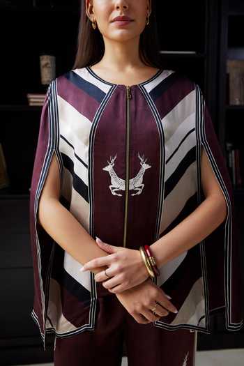 Kamaali Pret_Burgundy Satin Round Neck Rihana Chevron Print Top And Pant Set _Online_at_Aza_Fashions