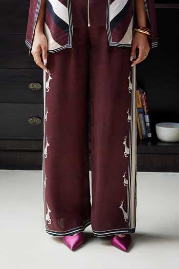 Buy_Kamaali Pret_Burgundy Satin Round Neck Rihana Chevron Print Top And Pant Set _Online_at_Aza_Fashions