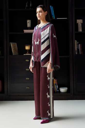 Shop_Kamaali Pret_Burgundy Satin Round Neck Rihana Chevron Print Top And Pant Set _at_Aza_Fashions