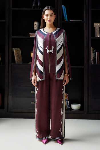 Buy_Kamaali Pret_Burgundy Satin Round Neck Rihana Chevron Print Top And Pant Set _at_Aza_Fashions