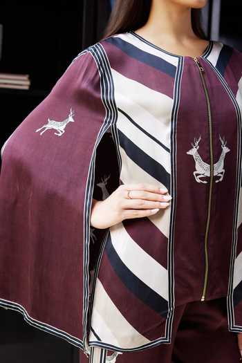 Shop_Kamaali Pret_Burgundy Satin Round Neck Rihana Chevron Print Top And Pant Set _Online_at_Aza_Fashions
